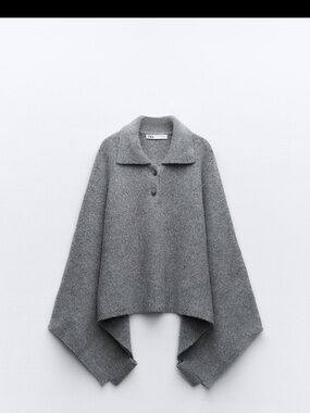 Zara Gray Knit Poncho with Button Collar